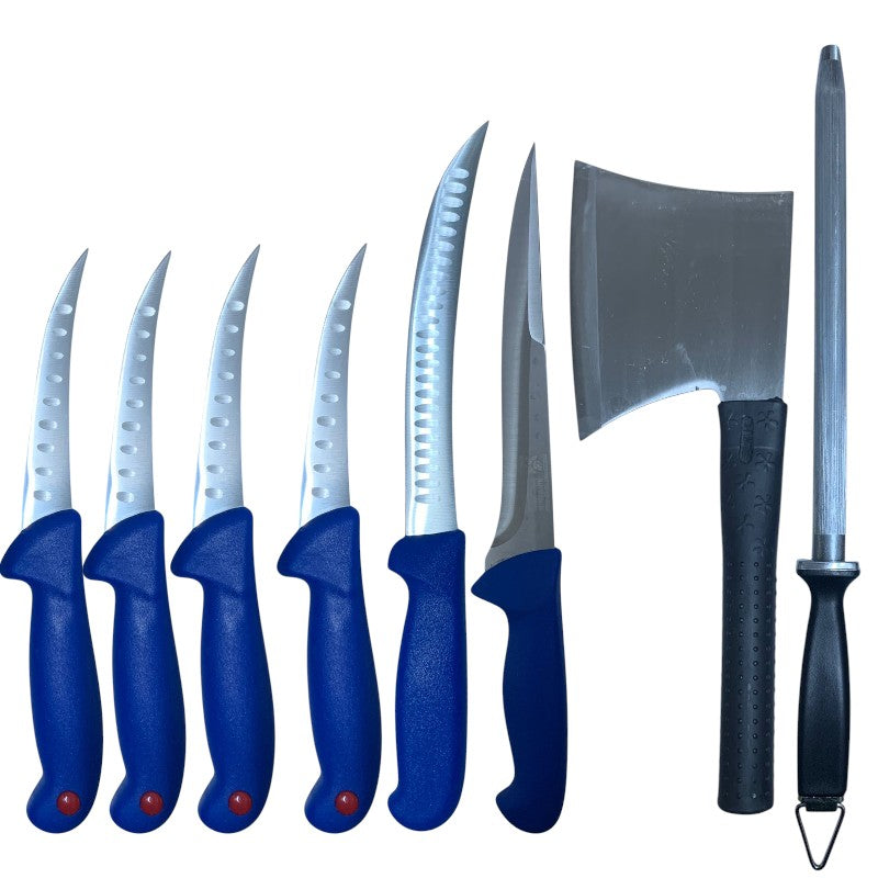 Set 8 Piese Macelarie,6 Cutite ,Satar cu Maner din Cauciuc si Masat