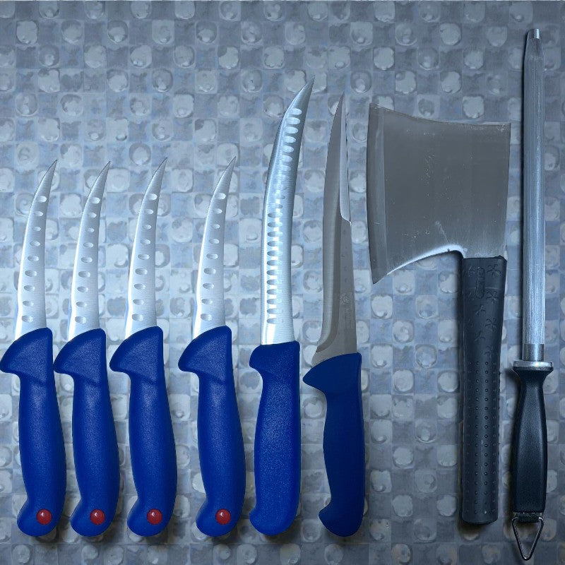 Set 8 Piese Macelarie,6 Cutite ,Satar cu Maner din Cauciuc si Masat