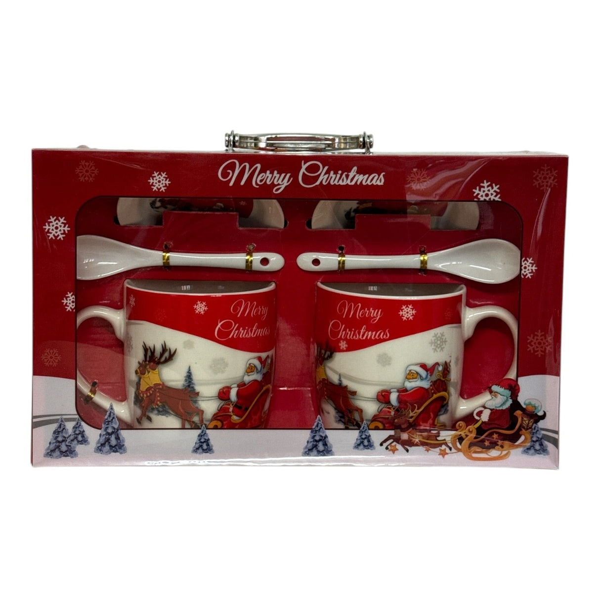 Set 2 cani ceramica Mos Craciun, lingurite de ceramica si farfuriute, in cutie cadou , 300 ml