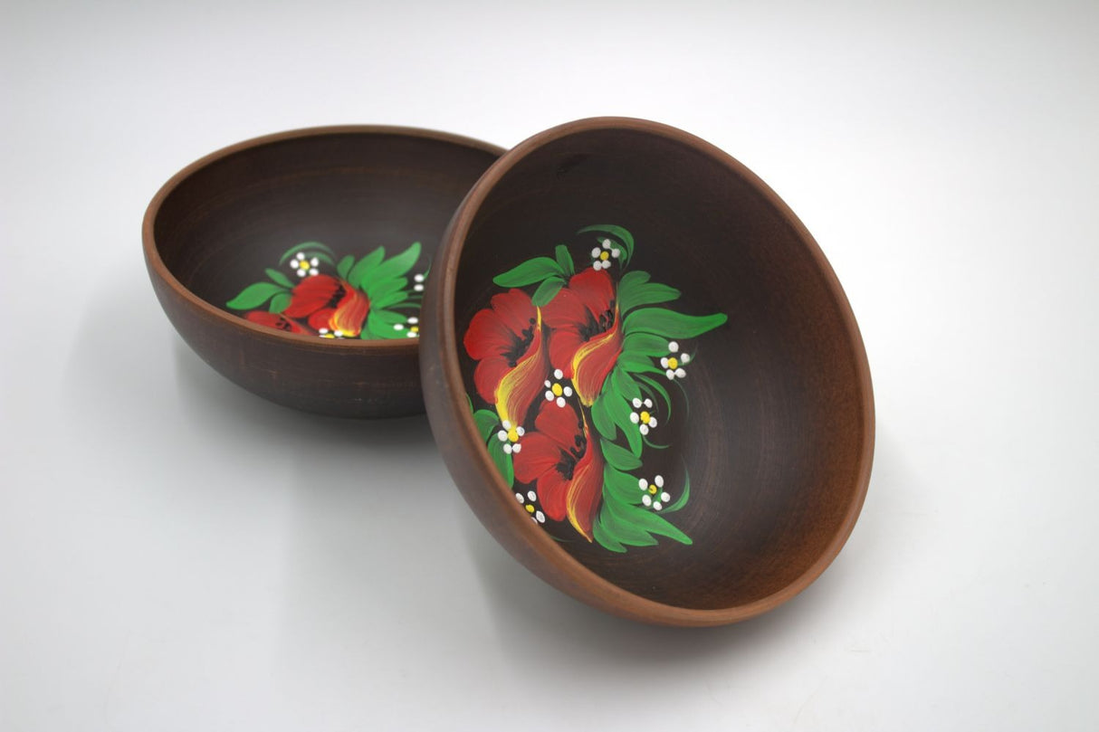 Set 6 Boluri adanci lut rosu Angob pictat manual - 800 ml