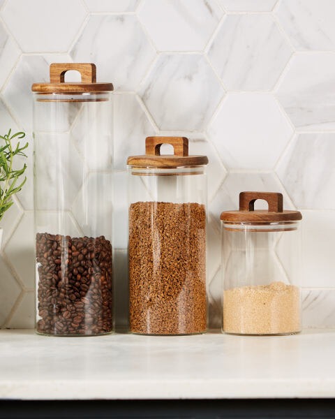 Recipient Depozitare Alimente cu Capac, Etans, Sticla si Lemn, dimensiuni individuale