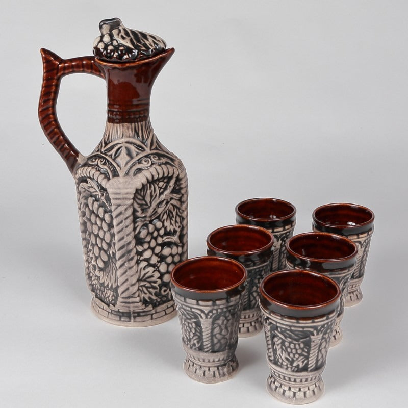 Set pentru servirea bauturilor, Ulcior Pasarea Phoenix 1.2L cu 6 pahare 200 ml, Ceramica