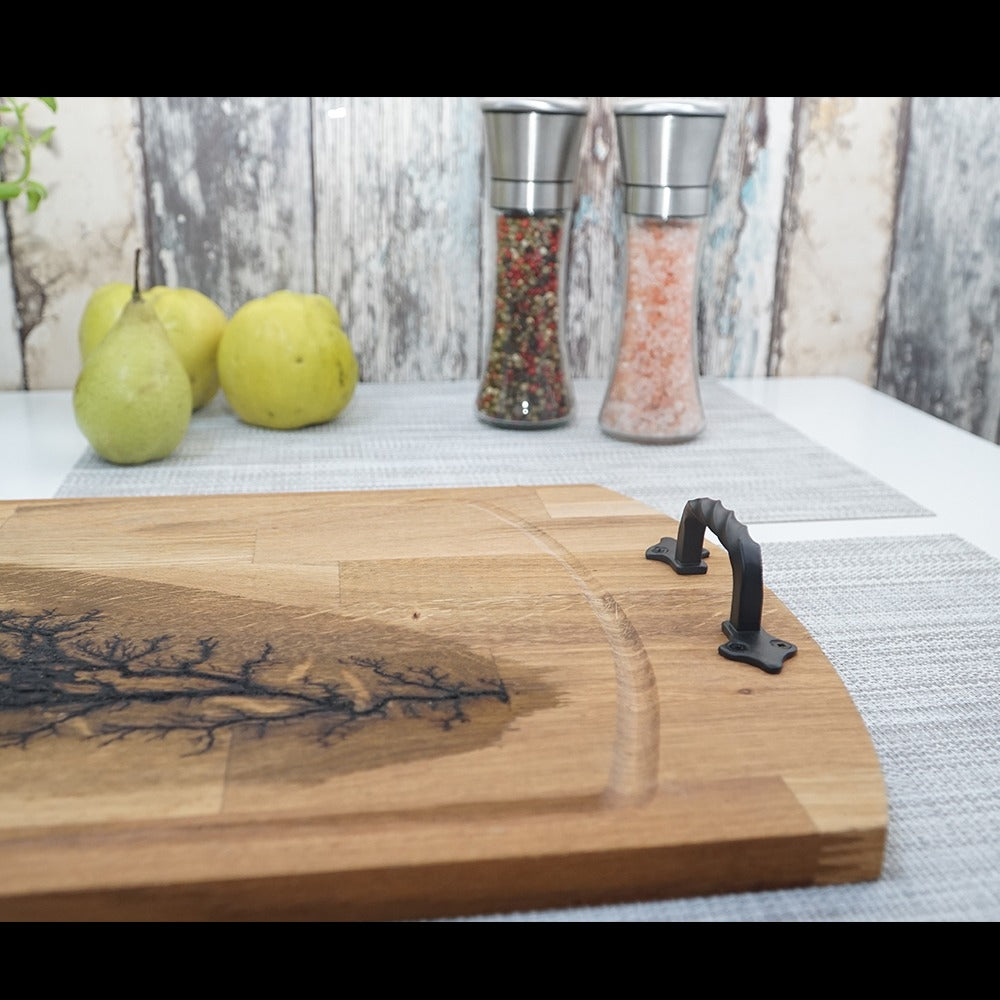 Tava din lemn Sculptata cu manere din Fier Forjat