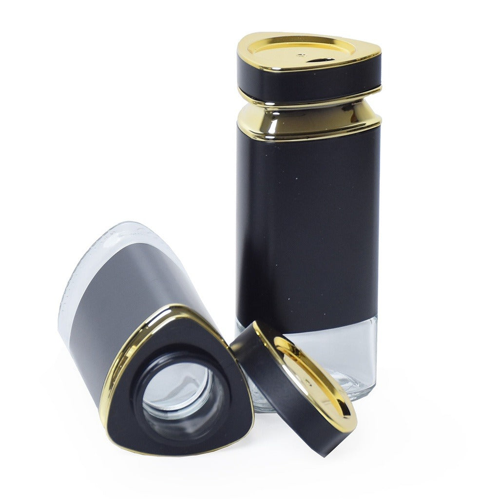 Set 6 recipiente condimente cu suport rotativ, inox si sticla, Negru - Auriu