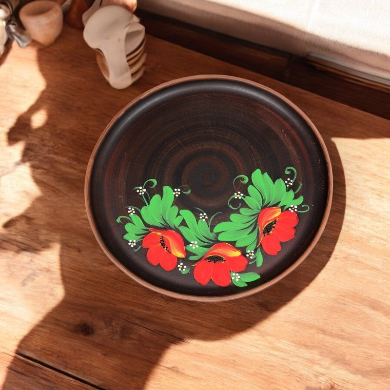 Platou lut rosu pentru Pizza, model floral Angob, 30 cm