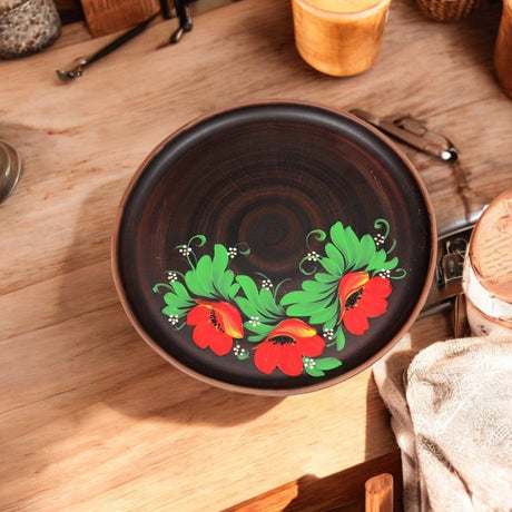 Platou lut rosu pentru Pizza,  model floral Angob, 30 cm
