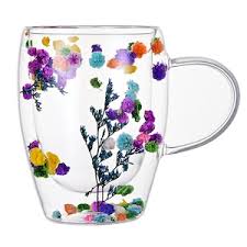 Set 2 Cani cu Pereti Dubli din sticla termorezistenta , Flori Multicolore 350 ml si 2 Lingurite Aurii