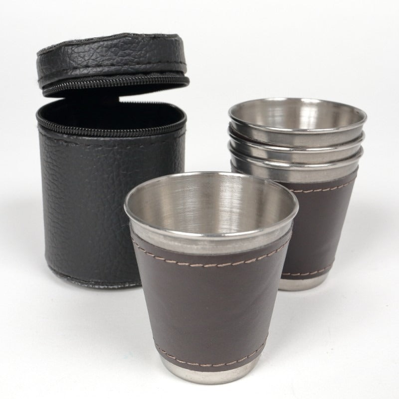 Set 4 pahare Inox cu Husa din Piele