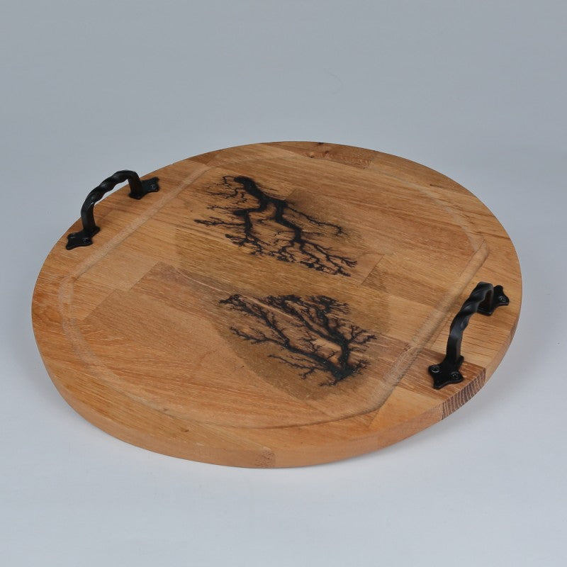 Tava din lemn Sculptata cu manere din Fier Forjat, Rotunda, 38 cm