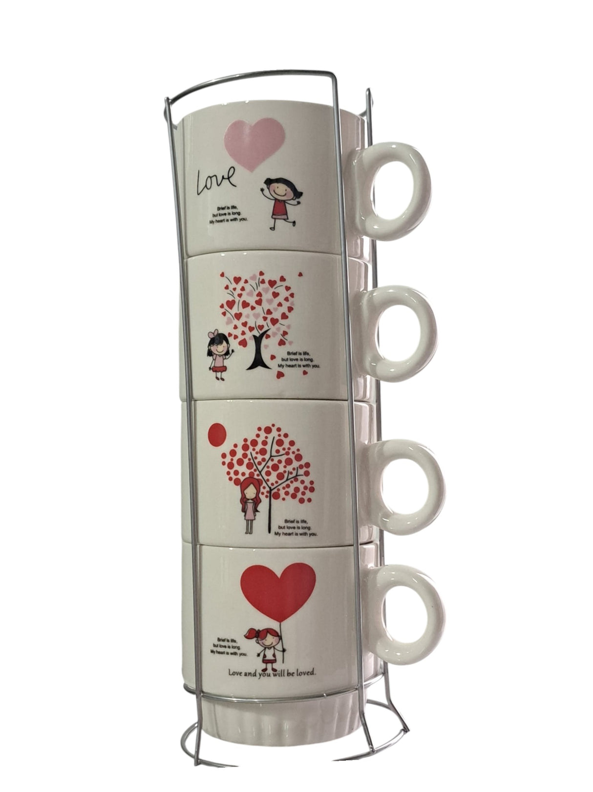 Set 4 cesti Cafea, Ceramica, cu suport din Inox