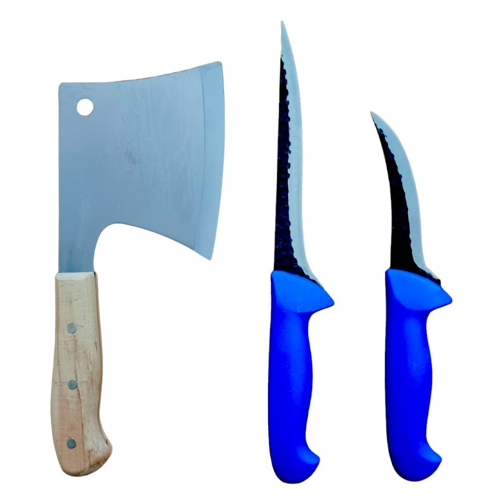 Set 2 cutite macelarie 27,34 cm si Satar de Macelar 30cm, Calitate Germana, Lama Groasa, Maner din Plastic Dur Turnat