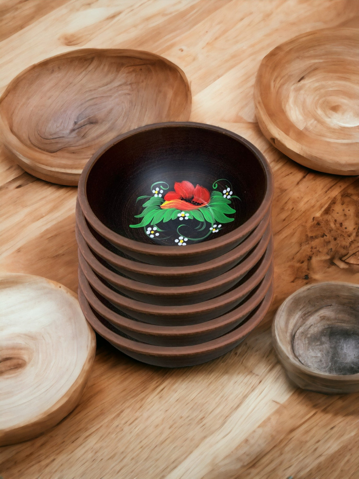 Set 6 castroane lut rosu Angob pictat manual, 900 ml