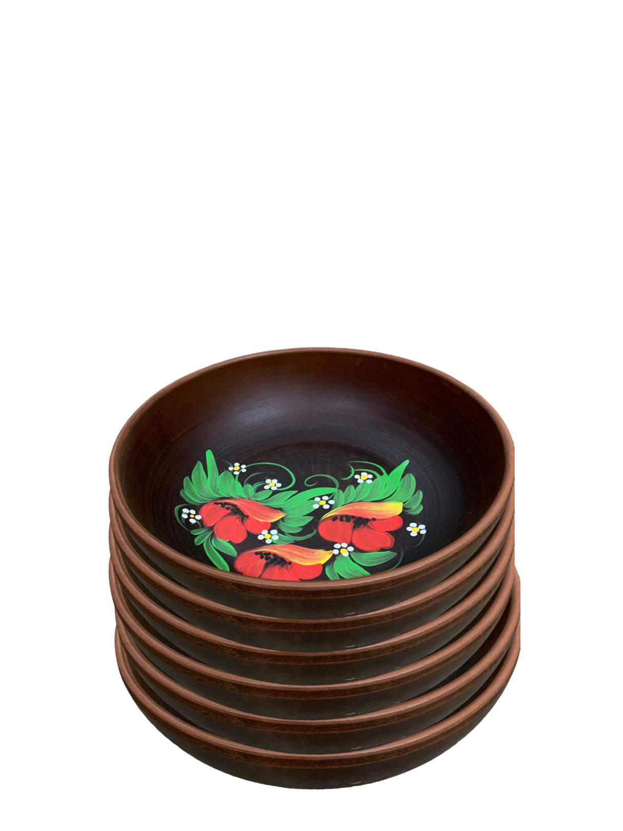 Set 6 Boluri adanci lut rosu Angob pictat manual - 800 ml