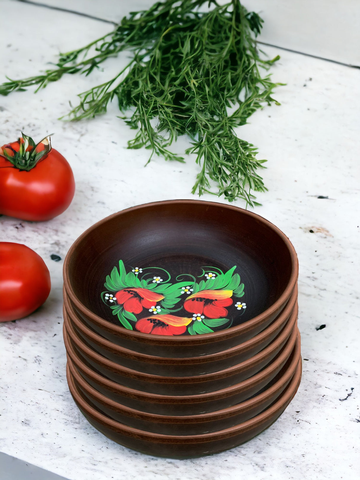 Set 6 Boluri adanci lut rosu Angob pictat manual - 800 ml