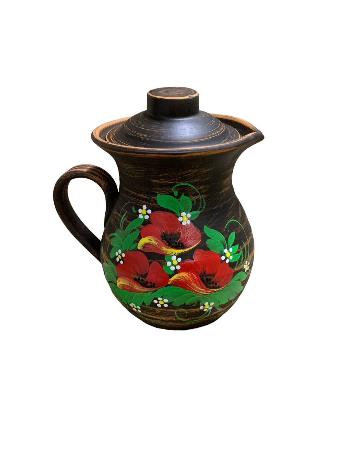 Ulcior cu capac, Angob, Lut rosu, Model Pictat Floral, Carafa 1.7 l