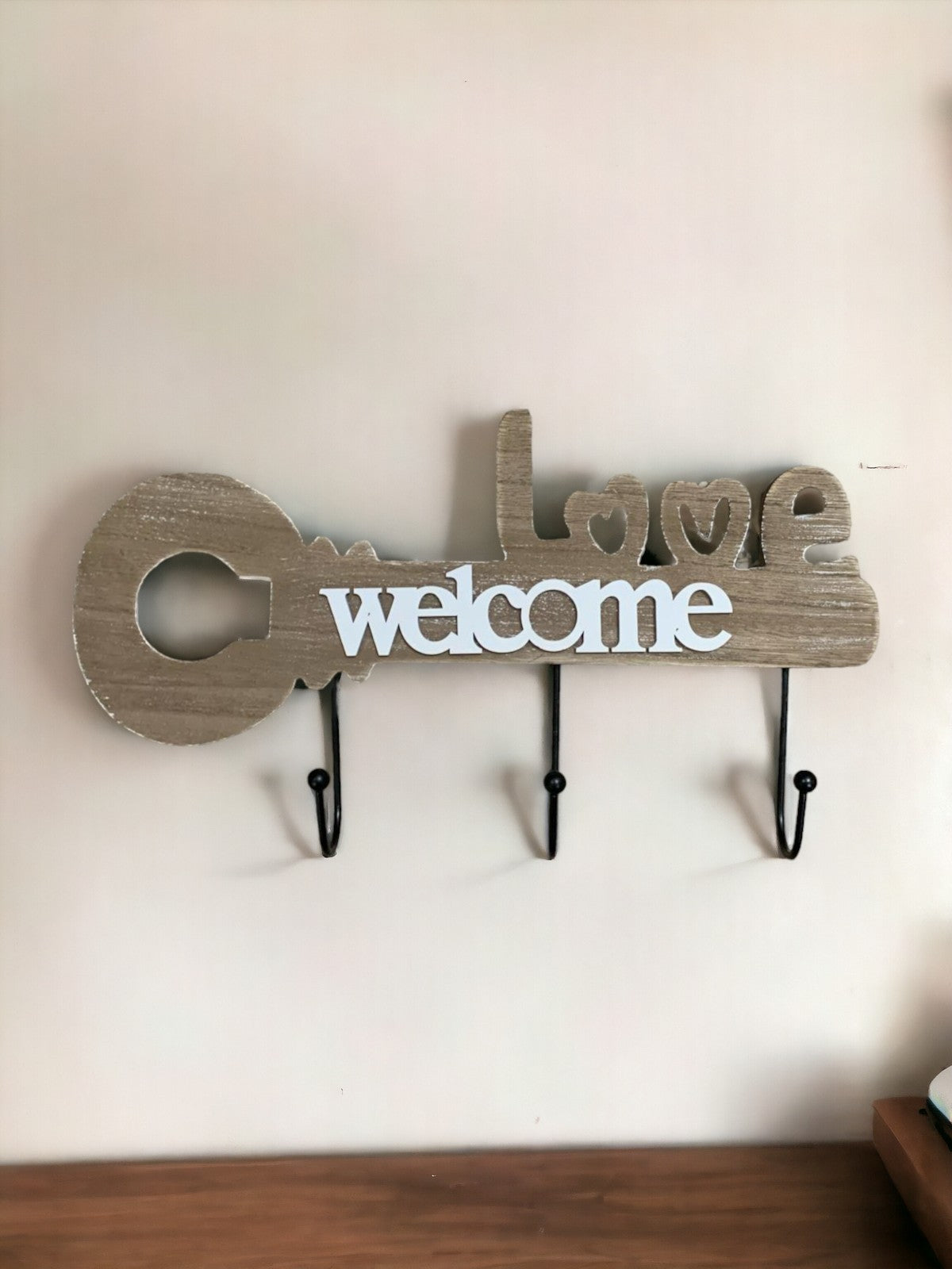 Cuier de perete cu 3 Brate in forma de Cheie, Lemn si Metal, 35x18 cm