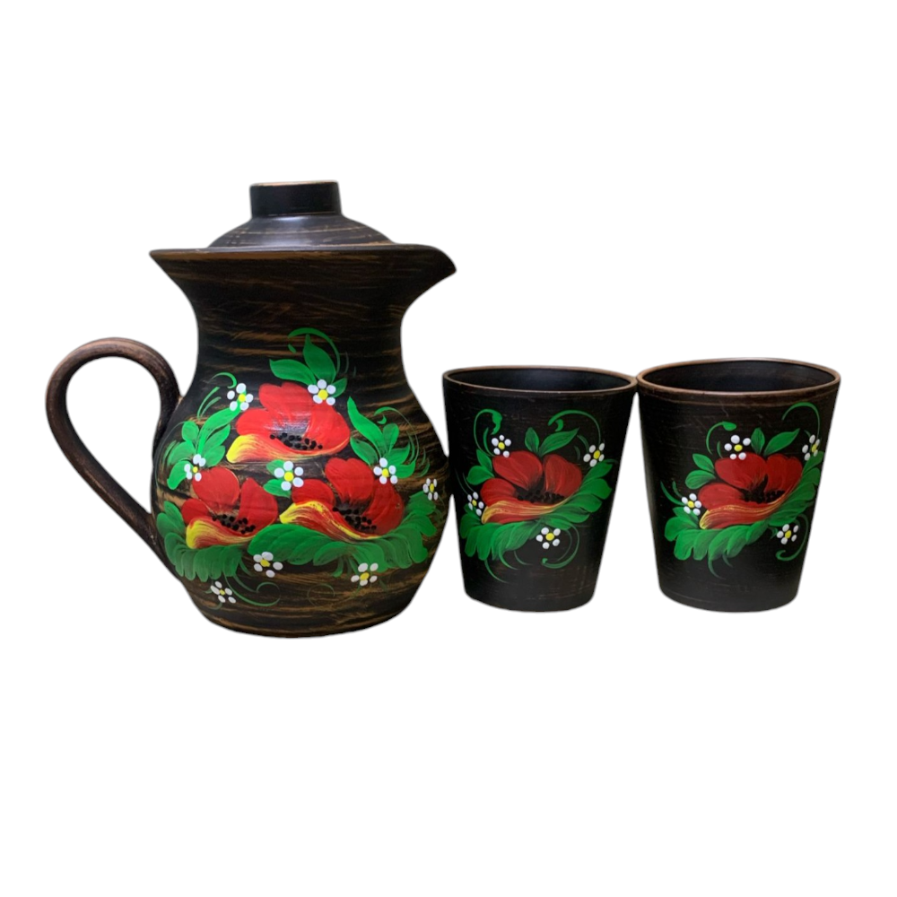 Set Ulcioras cu capac Angob lut rosu 1.7 L si 2 pahare , Model Floral