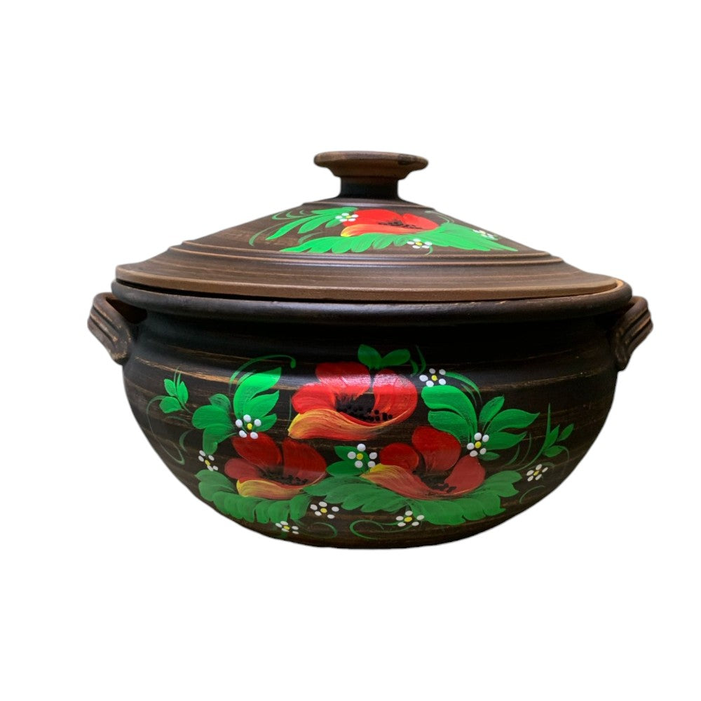 Oala sarmale, lut rosu, pictata manual cu Flori