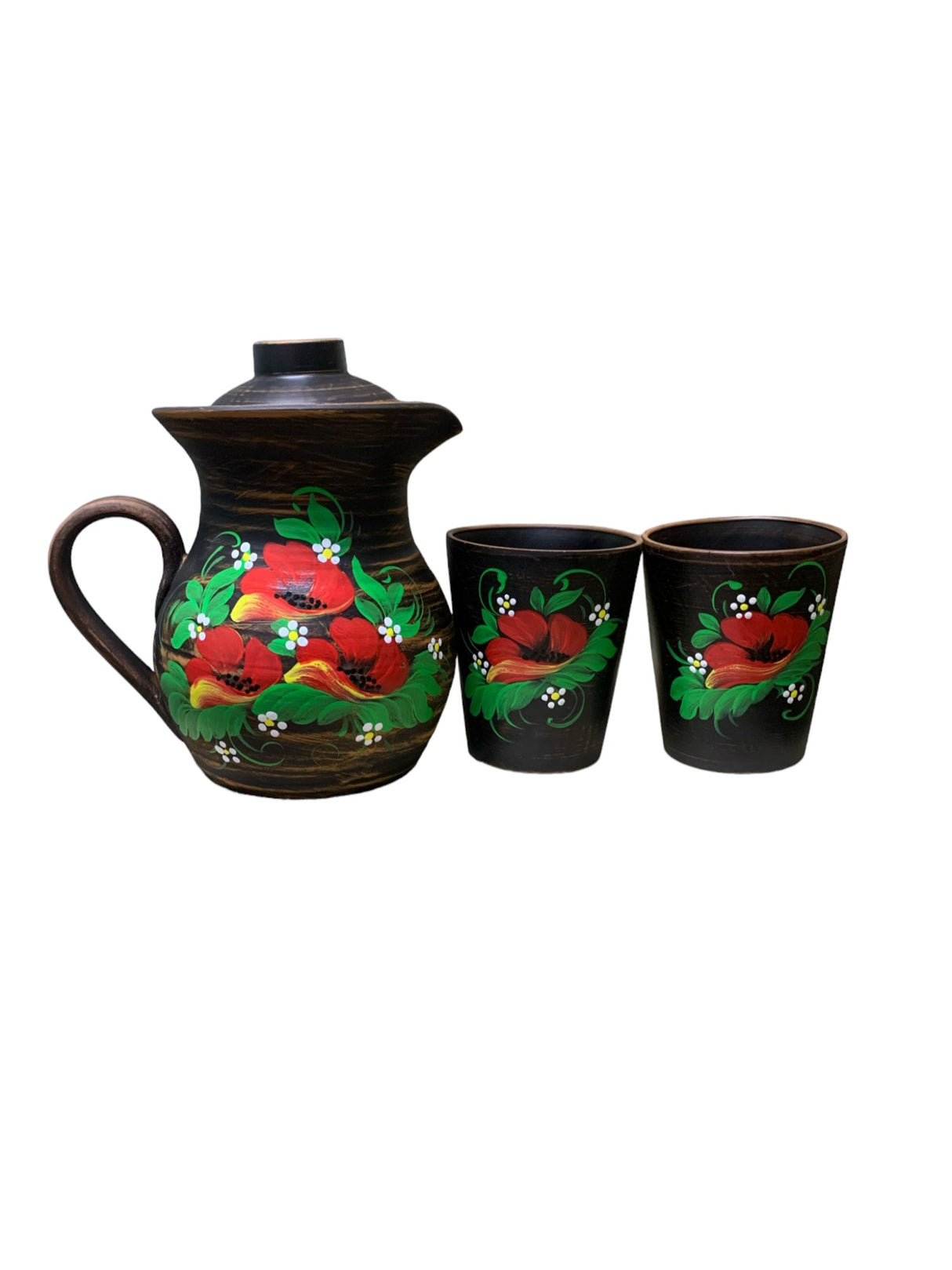 Set Ulcioras cu capac Angob lut rosu 1.7 L si 2 pahare , Model Floral