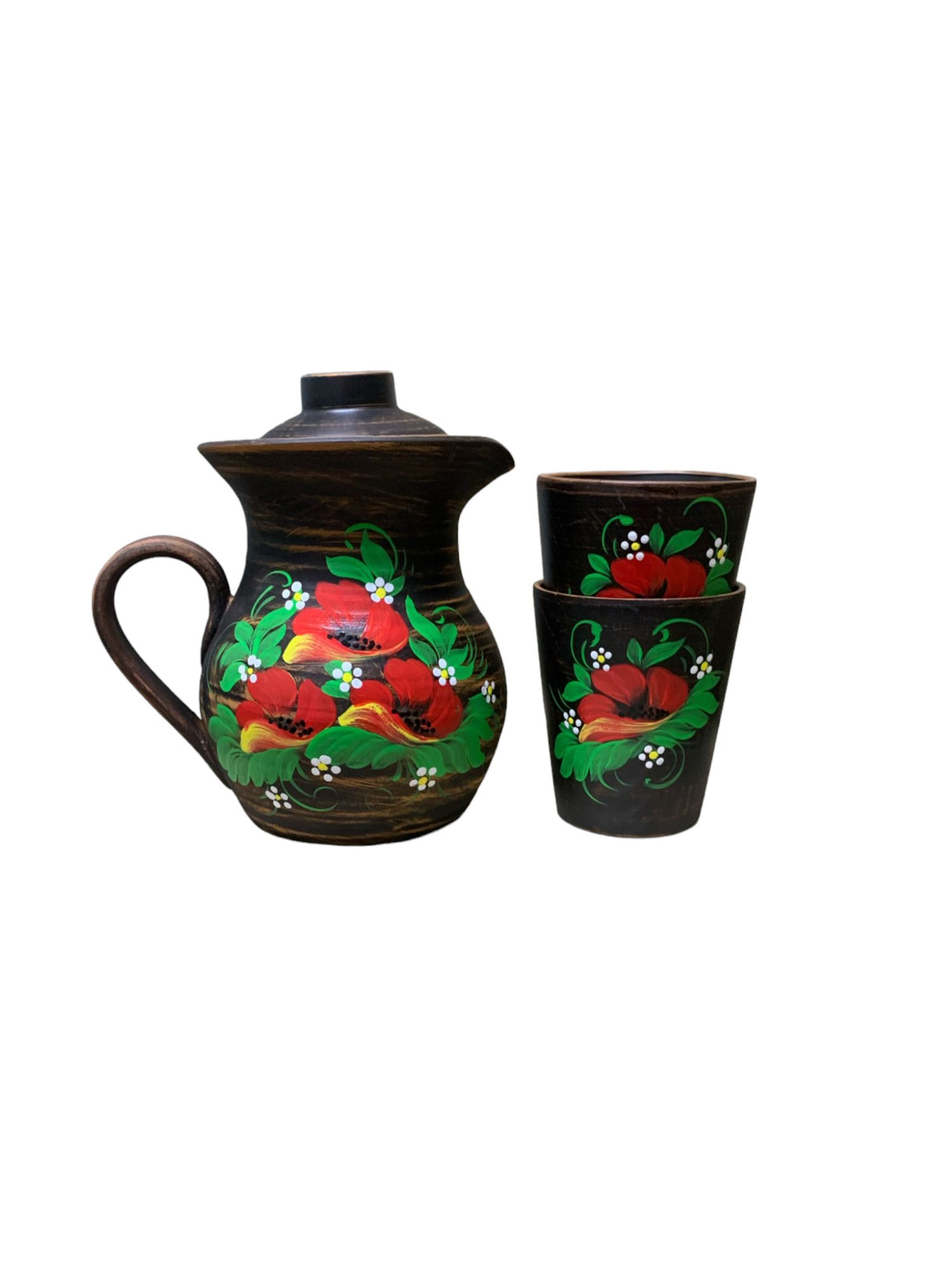 Set Ulcioras cu capac Angob lut rosu 1.7 L si 2 pahare , Model Floral