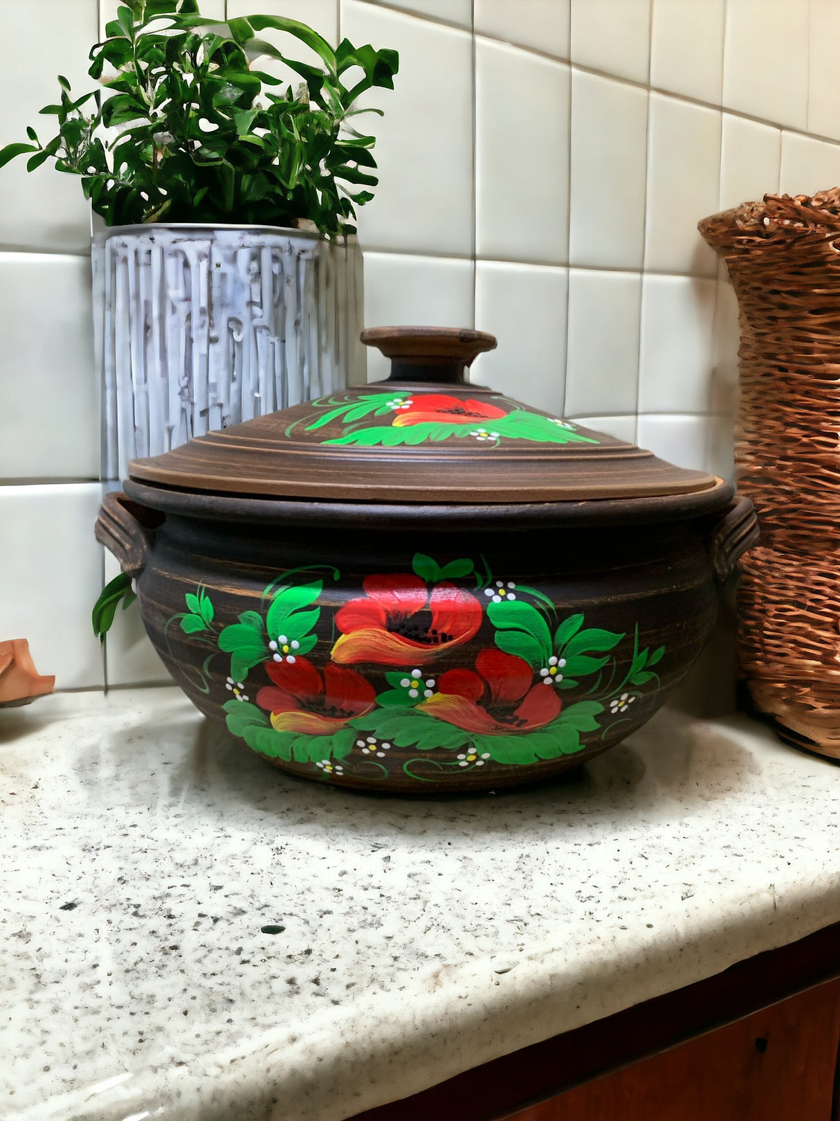 Oala sarmale, lut rosu, pictata manual cu Flori