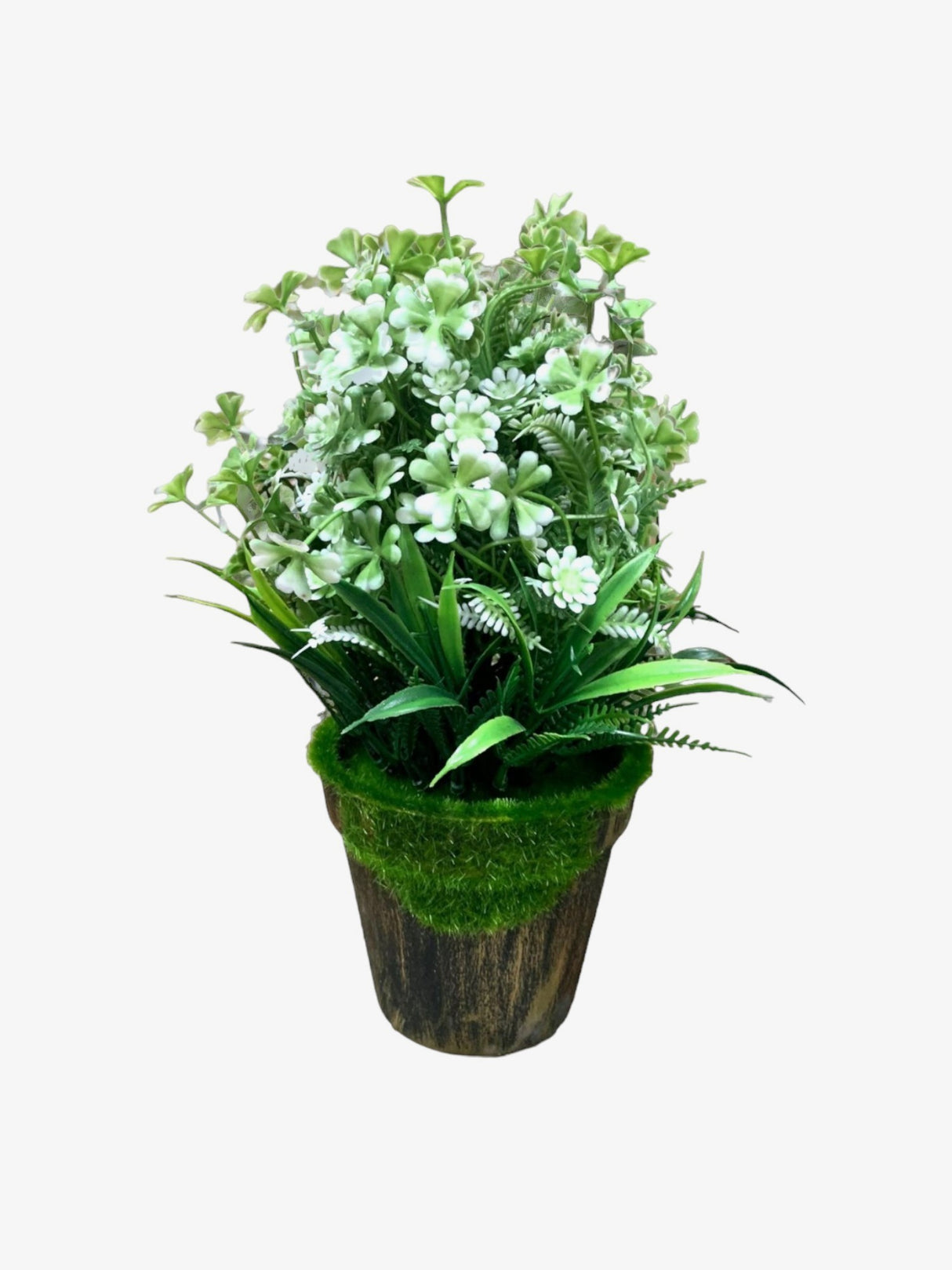 Ghiveci cu Flori Albe si Muschi , decorativ , Plastic , 28 cm