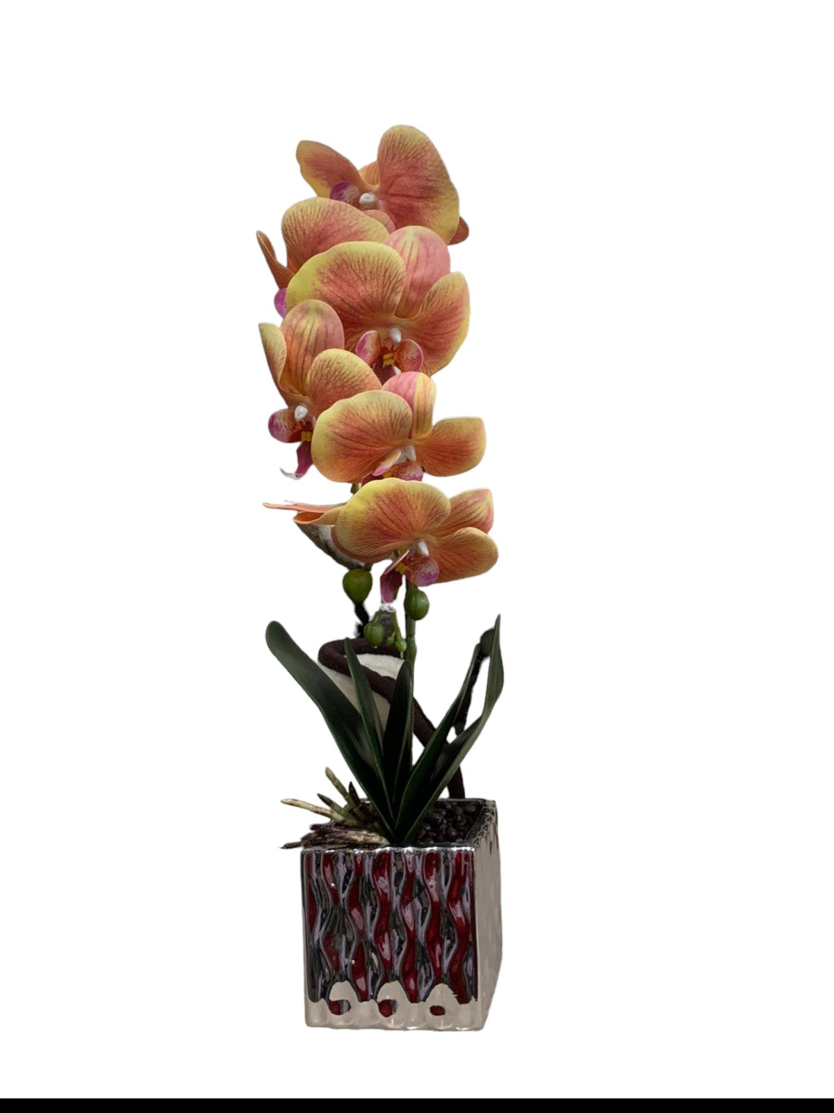 Orhidee artificiala 2 tije, ghiveci auriu din ceramica, patrat, 50 cm