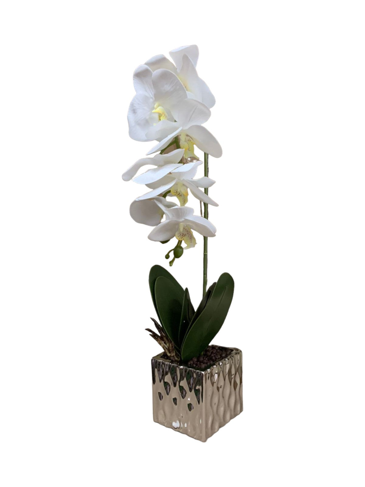 Orhidee artificiala 2 tije, ghiveci auriu din ceramica, patrat, 50 cm