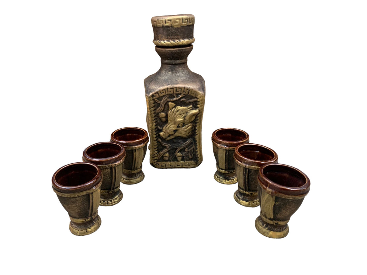 Set servire bautura Ceramica, model Vanatoare / Pescuit 1.8L, cu 6 pahare 100 ml