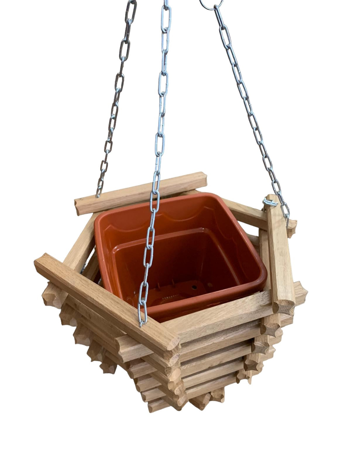 Set Suport flori suspendat cu lant, din lemn, Hexagonal 21*20 cm + Ghiveci Inclus