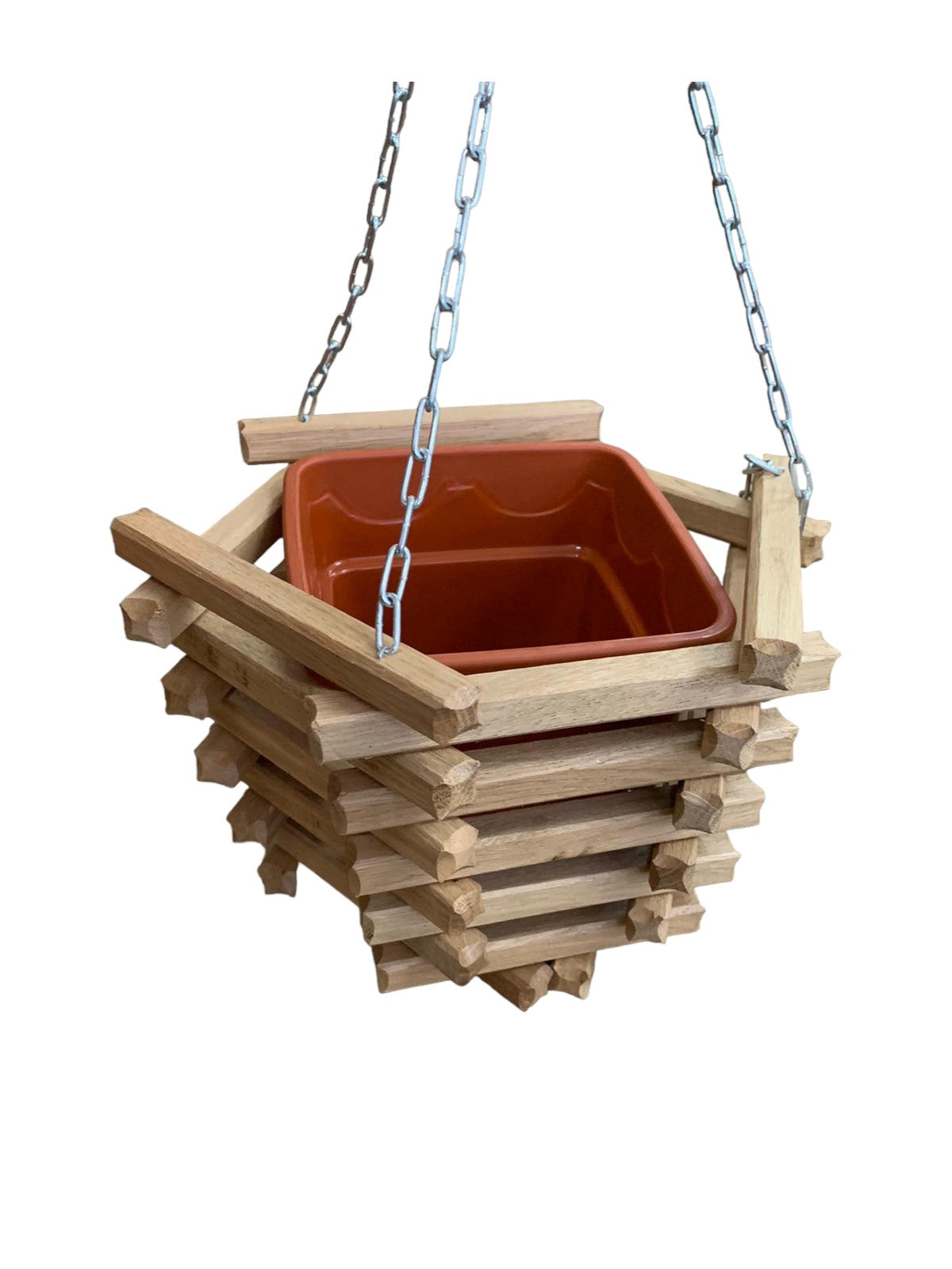 Set Suport flori suspendat cu lant, din lemn, Hexagonal 21*20 cm + Ghiveci Inclus