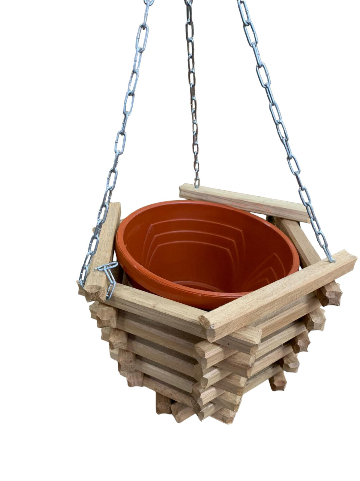 Set Suport flori suspendat cu lant, din lemn, Hexagonal 21*20 cm + Ghiveci Inclus