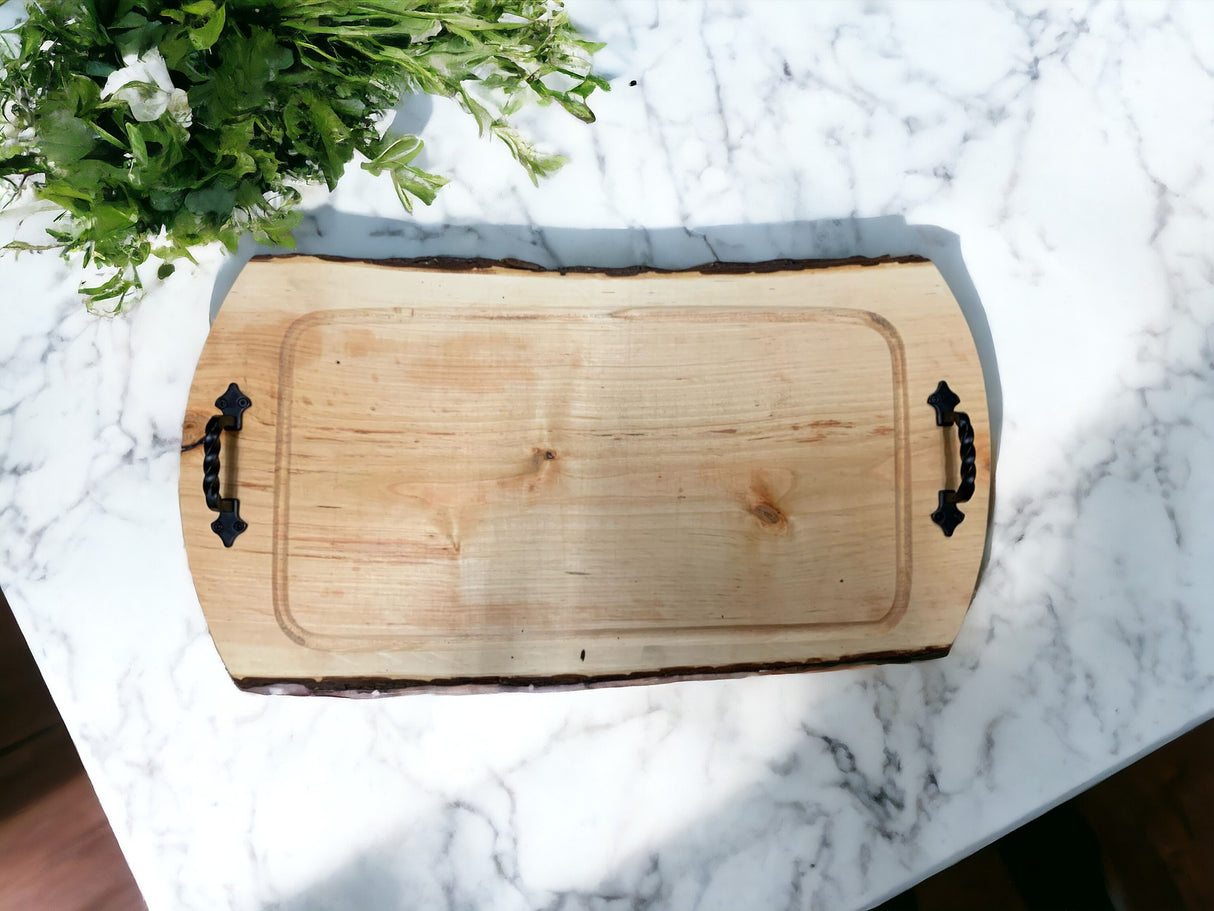 Platou servire din Lemn masiv, cu manere din Fier forjat, 60x32 cm