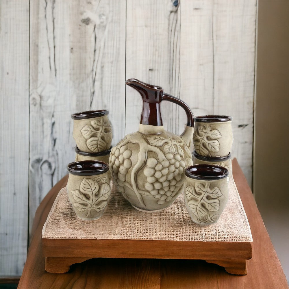 Set pentru vin din ceramica 1,6L cu 6 cani,Strugure cu Frunze