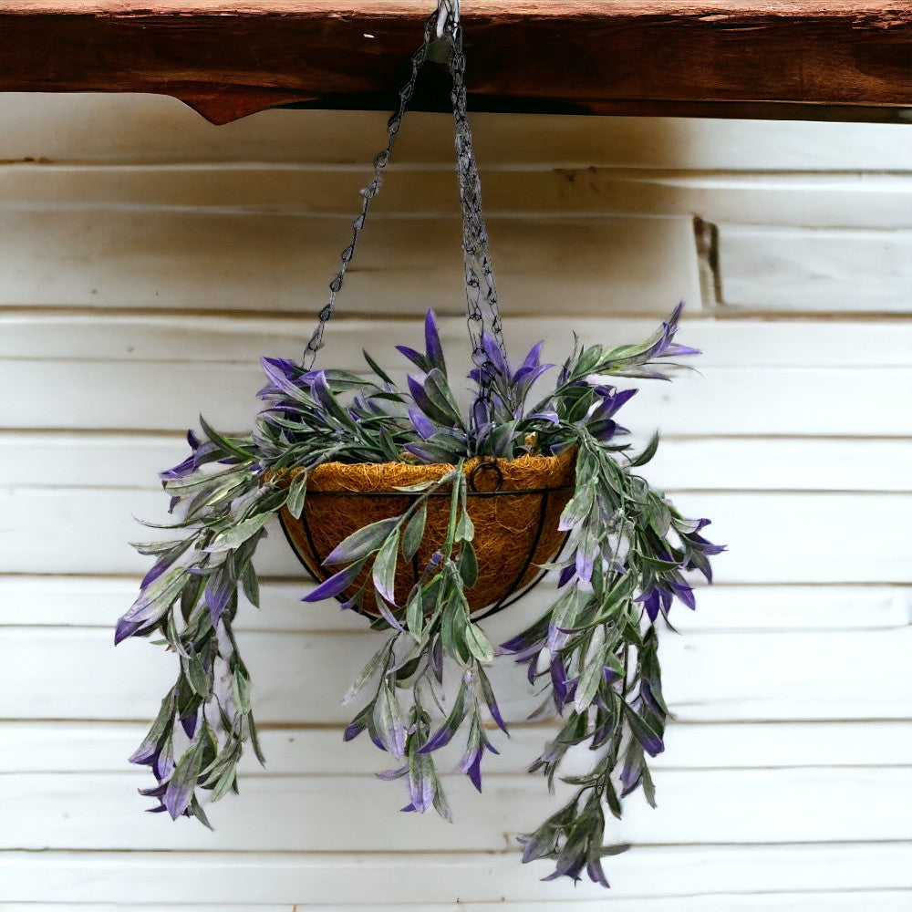 Aranjament Decor cu Ghiveci Suspendat de Cocos, 20 cm si Floare Curgatoare de Matase,85 cm