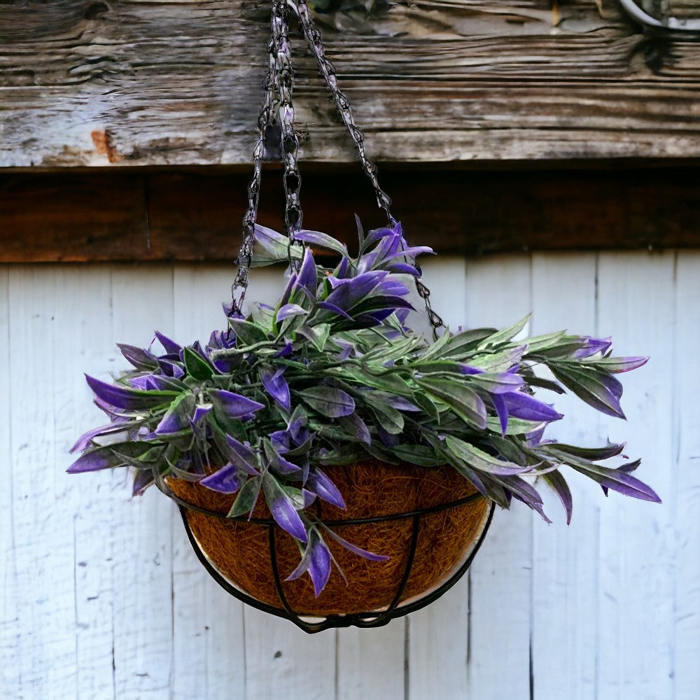 Aranjament Decor cu Ghiveci Suspendat de Cocos, 20 cm si Floare Curgatoare de Matase,85 cm