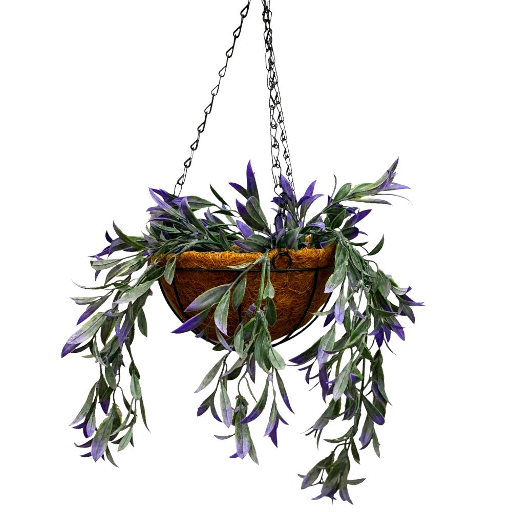 Aranjament Decor cu Ghiveci Suspendat de Cocos, 20 cm si Floare Curgatoare de Matase,85 cm