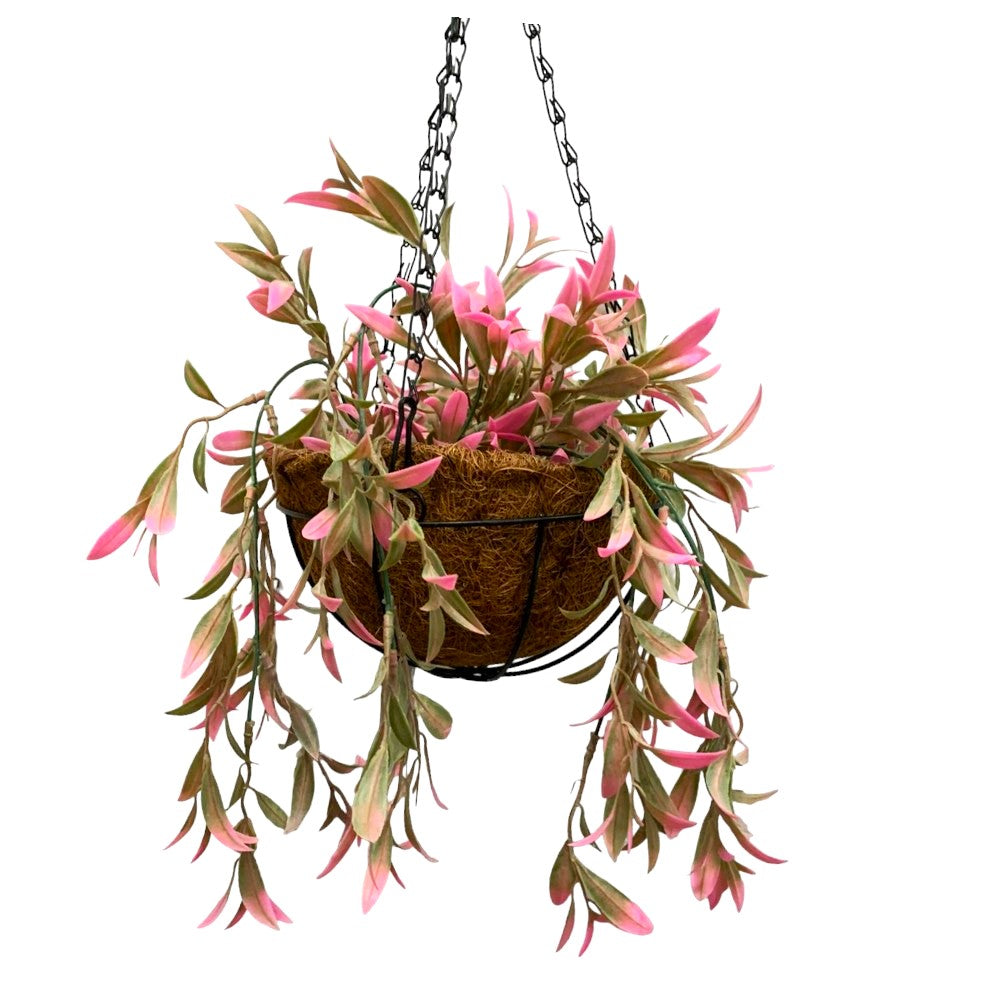 Aranjament Decor cu Ghiveci Suspendat de Cocos, 20 cm si Floare Curgatoare de Matase,85 cm