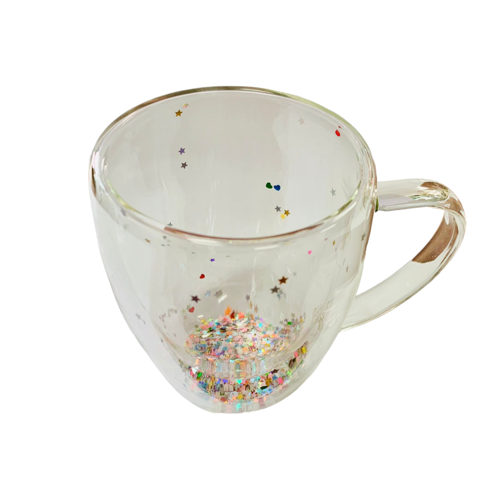 Cana cu Pereti Dubli din Sticla Termorezistenta cu Sclipici, Stelute si Inimioare ,400ml