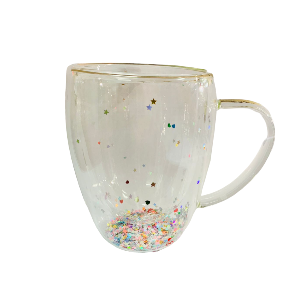 Cana cu Pereti Dubli din Sticla Termorezistenta cu Sclipici, Stelute si Inimioare ,400ml