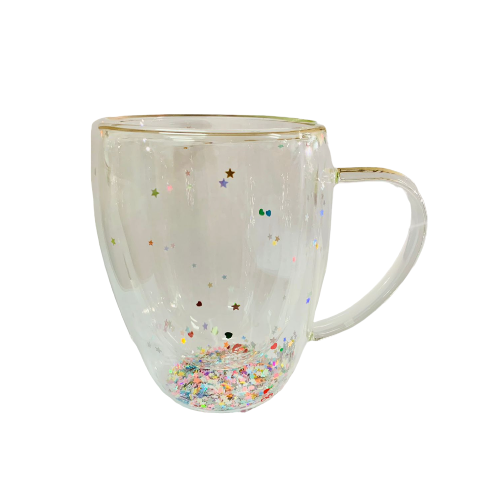 Cana cu Pereti Dubli din Sticla Termorezistenta cu Sclipici, Stelute si Inimioare ,400ml