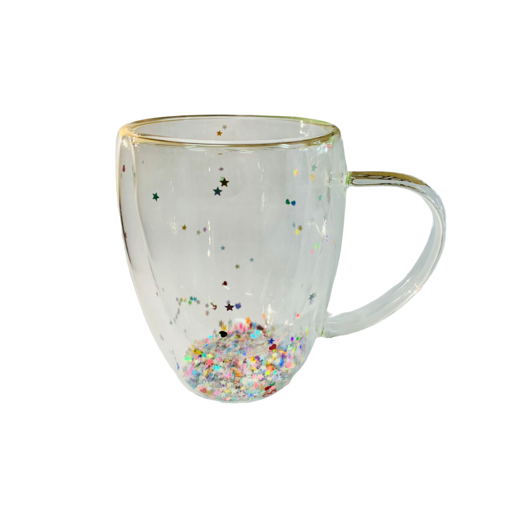 Cana cu Pereti Dubli din Sticla Termorezistenta cu Sclipici, Stelute si Inimioare ,400ml