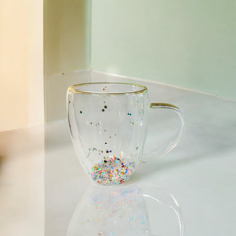 Cana cu Pereti Dubli din Sticla Termorezistenta cu Sclipici, Stelute si Inimioare ,400ml