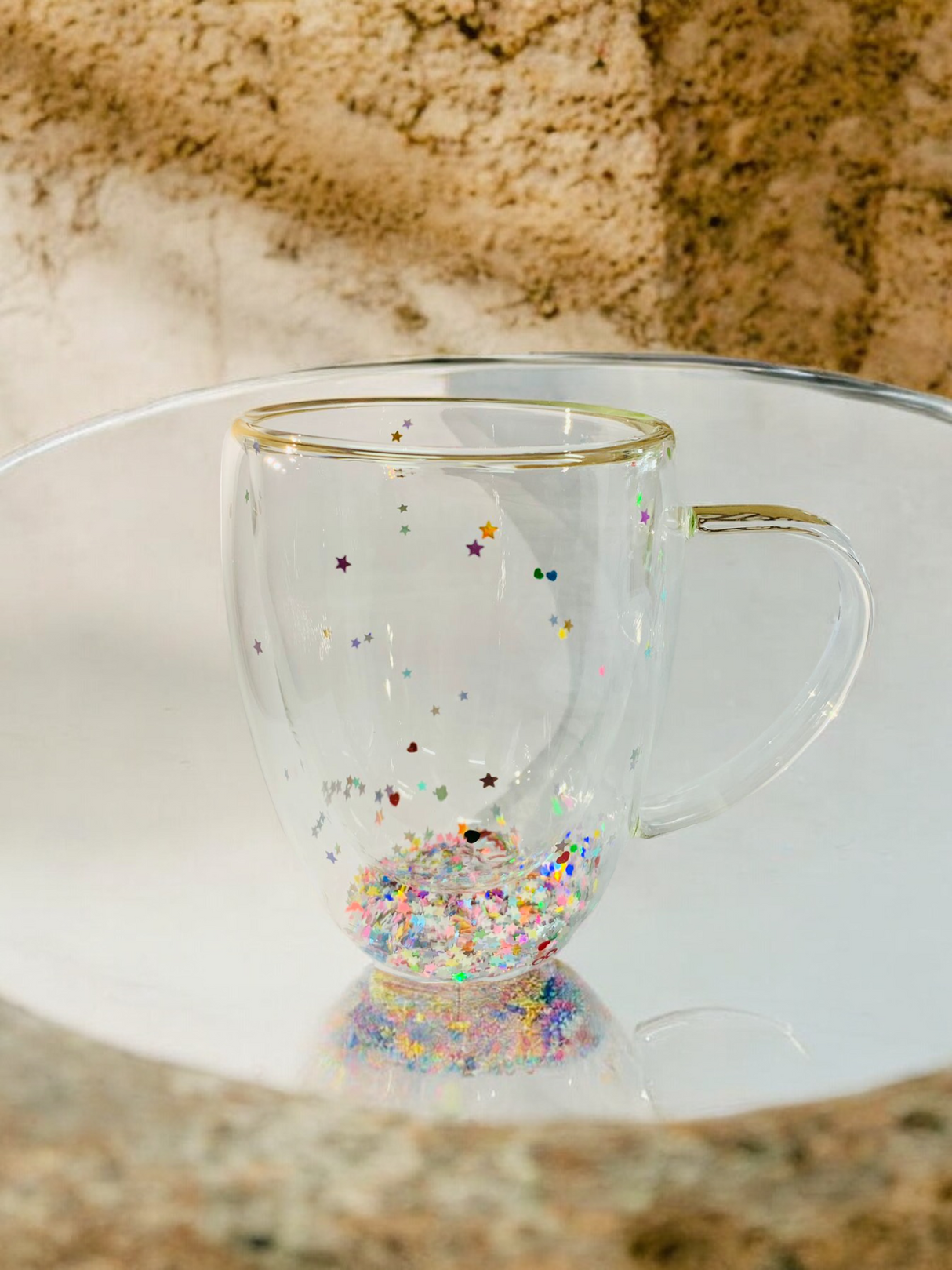 Cana cu Pereti Dubli din Sticla Termorezistenta cu Sclipici, Stelute si Inimioare ,400ml