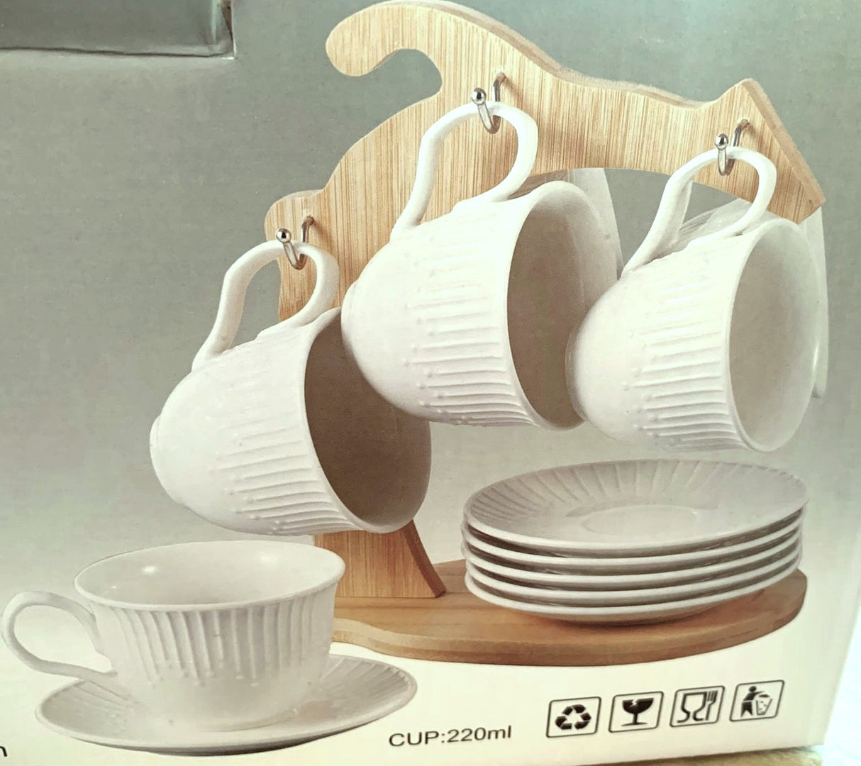 Set 6 Cesti 220 ml si 6 Farfurii portelan pe Suport de Bambus