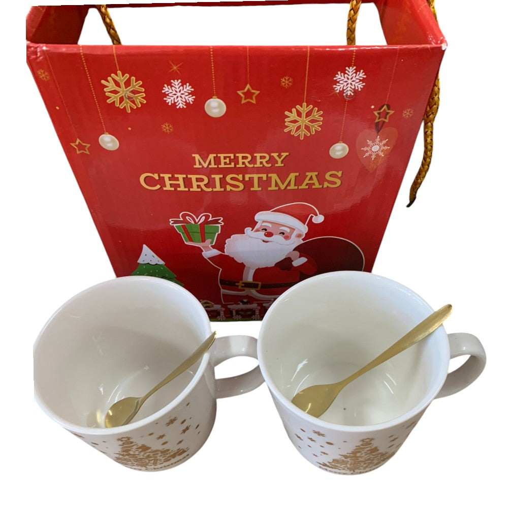 Set Cutie Cadou cu 2 Cani Ceramica si Lingurite, model Craciun , 300ml