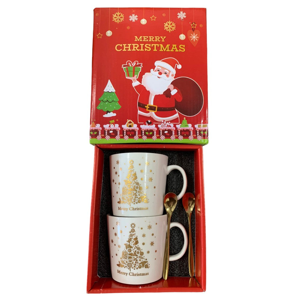 Set Cutie Cadou cu 2 Cani Ceramica si Lingurite, model Craciun , 300ml