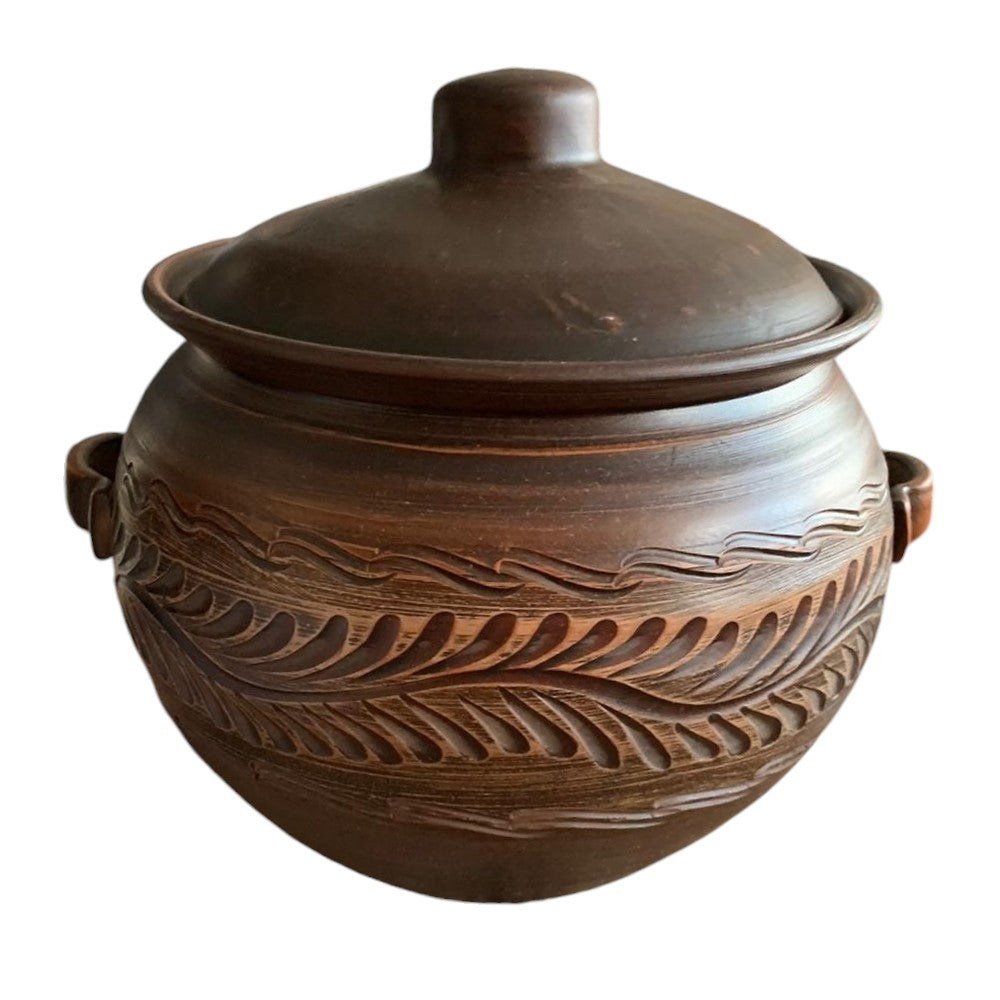 Oala pentru cuptor cu Manere si Capac din Angob,Lut Rosu