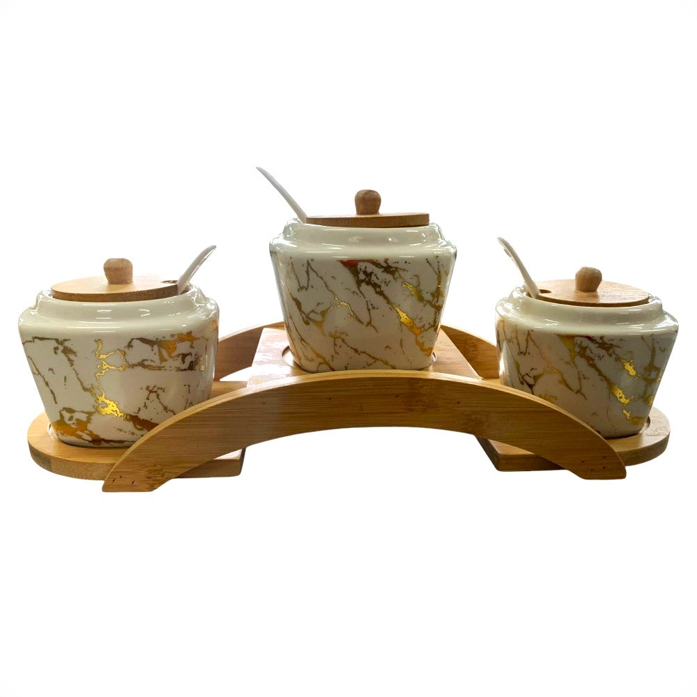 Set 3 borcanase pentru Condimente cu capace, lingurite si suport, Ceramica si Lemn