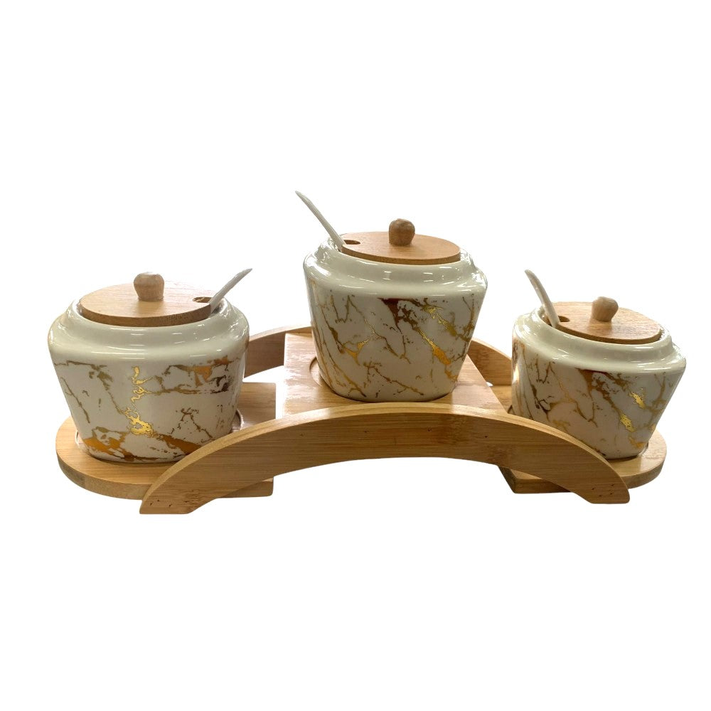 Set 3 borcanase pentru Condimente cu capace, lingurite si suport, Ceramica si Lemn